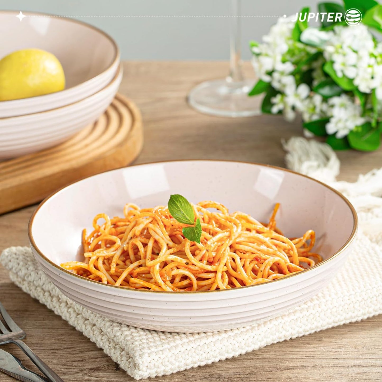 famiware Jupiter Pasta Bowls, 30 OZ Large Salad Bowls Set of 4, Microwave and Dishwasher Safe, Sturdy and Stackable, Serving Bowls for Kitchen, Light Pink