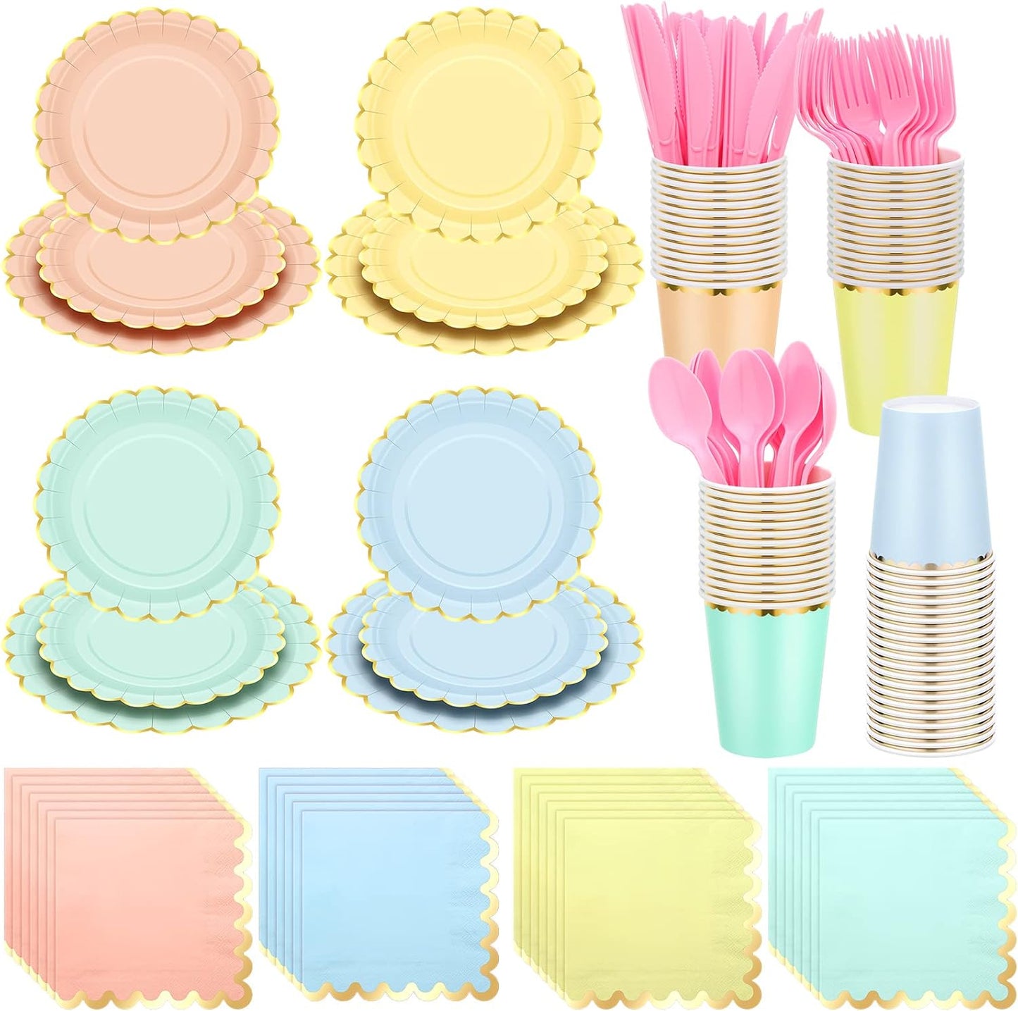Yaomiao 168 Pcs Pastel Scalloped Paper Plates Cups Napkin with Gold Foil Macaron Colored Disposable Dinnerware Set Serve 24 Guests Princess Birthday Party Baby Shower Decorations(Multicolor,Round)