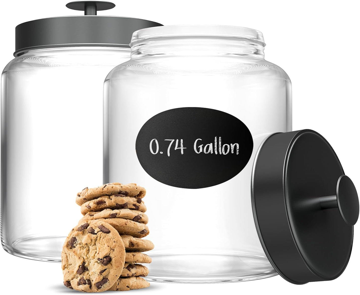 KooK Glass Kitchen Canister Set, Food & Storage Containers for Pantry, Bathroom Apothecary Jars, Tinplate Lids, Counter Organizers, 0.74 Gallon, Black, Set of 2