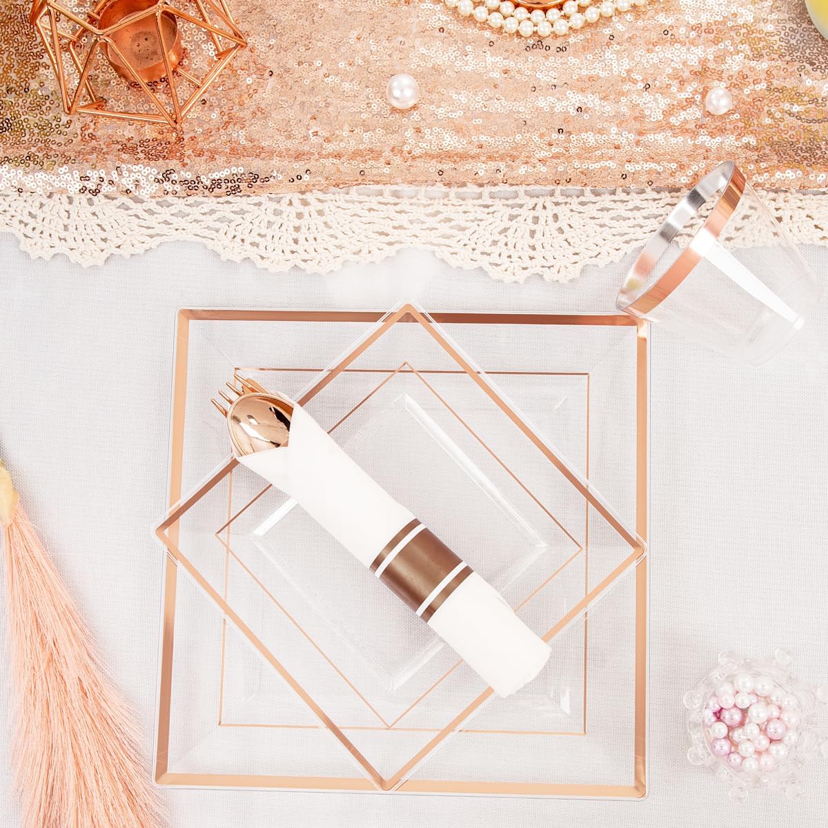 DaYammi 175 PCS Rose Gold Plastic Plates, Rose Gold Plastic Dinnerware Sets Includes: 25 Dinner Plates, 25 Salad Plates, 25 Pre Rolled Napkins with silverware 25 Cups 9 OZ, Perfect for Valentine's Day