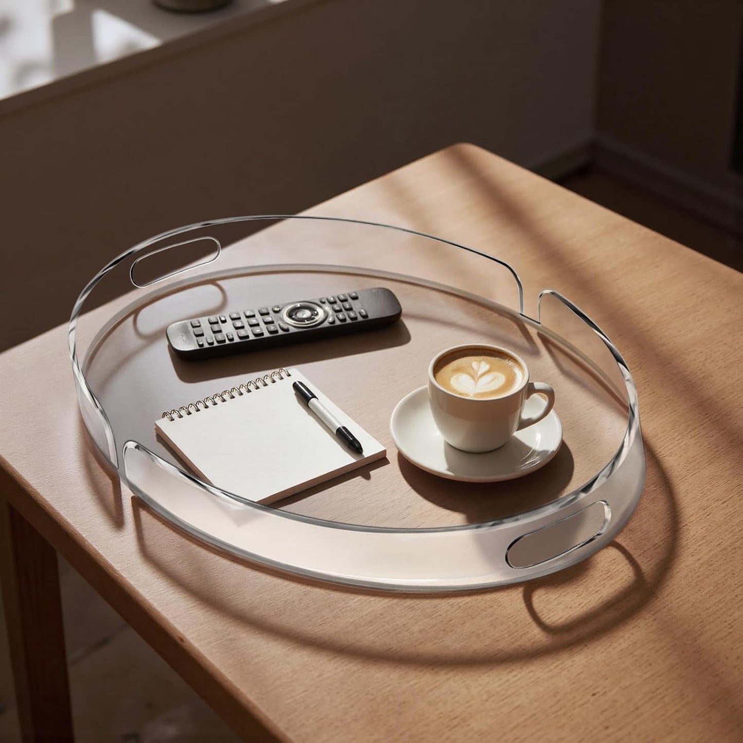 Acrylic Serving Tray with Handles Large Decorative Ottoman Tray 17x13'' Round for Bathroom Food Coffee Fruit Snack Tea Dinner Living Room, Clear