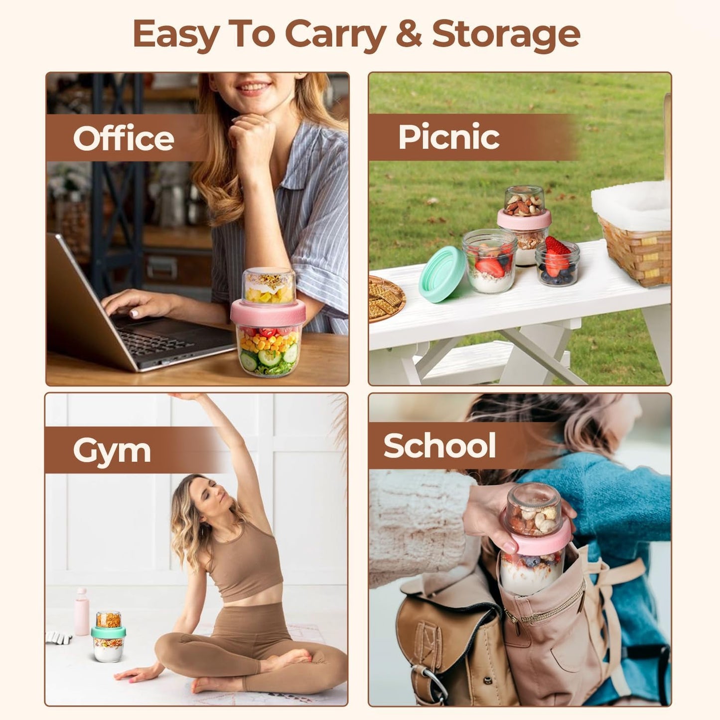 ComSaf 8oz 2 Pcs Overnight Oats Containers with Lids, Glass Yogurt Parfait Cups for Cereal Nut Fruit, Dual-Layer Chia Pudding Jars Reusable, Small Mason Jars for Salad, Meal Prep, Snack, Oatmeal