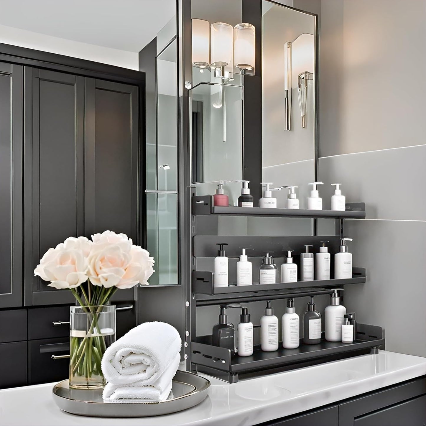 Spice Rack Organizer for Countertop, 2-Tier Height-Adjustable Spice Rack Organizer, Metal Standing Kitchen Counter Organizer with Guardrail & Knife Block for Kitchen Cabinet