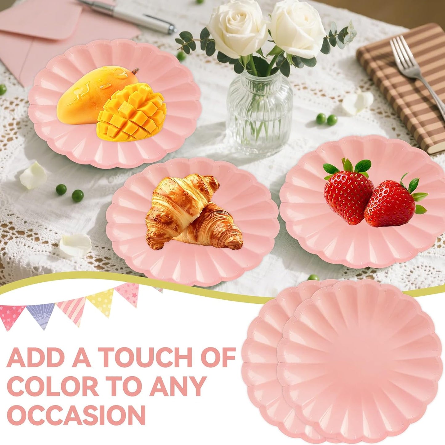 50Pcs Large Scalloped Light Pink Paper Plates 9Inch Shell Edge Dinner Plates for Cake Salad Fruit Disposable Dinner Serving Plates for Birthday Wedding Baby Shower Party Decorations