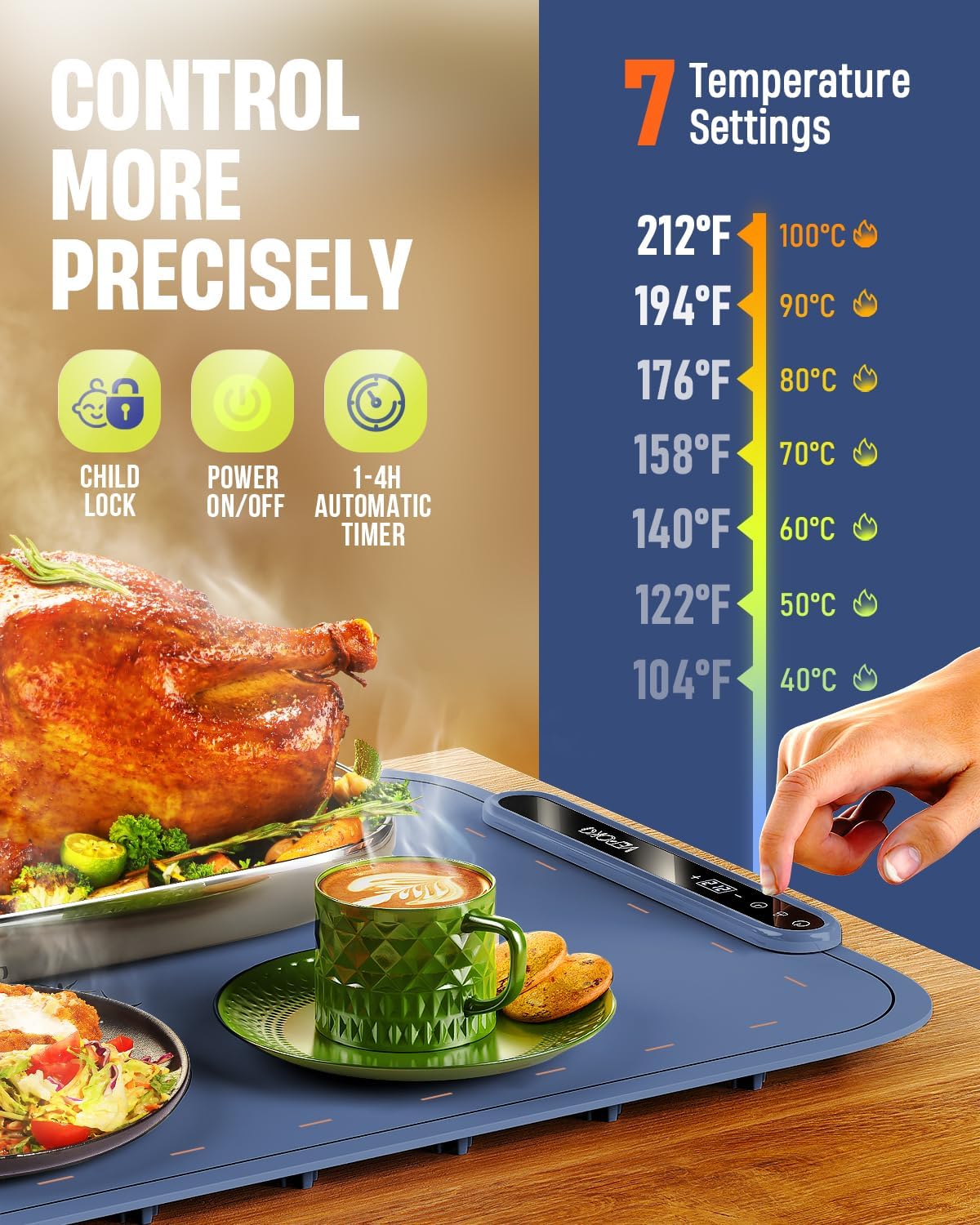 Warming Mat for Food, VEPOKA Food Warmer Mat for Countertop, Electric Warming Tray with 7 Temp Levels & Auto Shut-Off, Food Warmers for Parties, Ideal Gift for Kitchen & Buffet Use