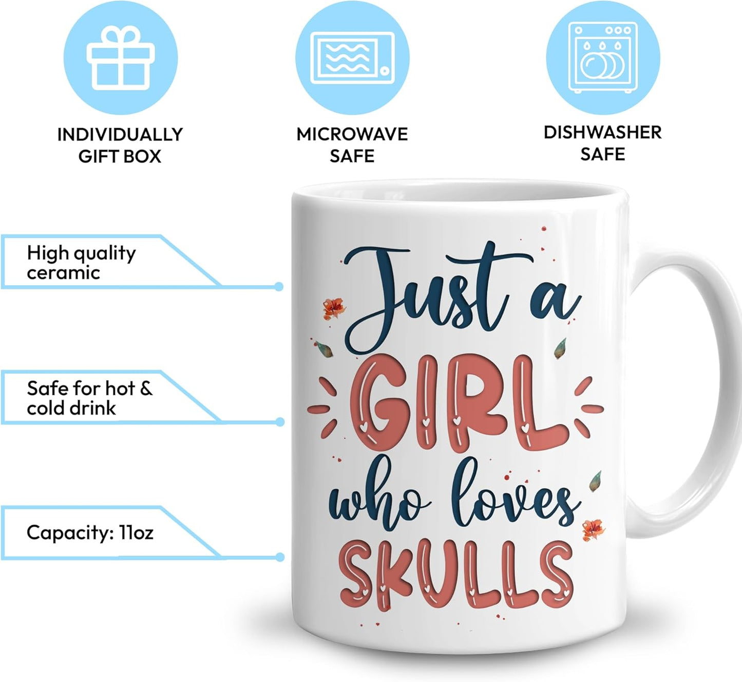 Hyturtle Personalized Gifts Skull Lover - Just A Girl Who Loves Skulls Custom Name Ceramic Coffee Mug Cup 11oz - Idea Skull Lovers Gifts For Women, Girl Daughter On Birthday, Christmas