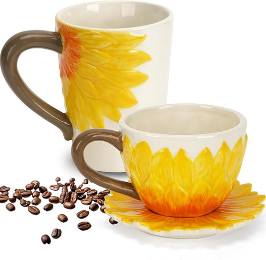 Ceramic Coffee Mug Set of 2-Sunflower Coffee Cups Sets Include 15 oz Large Coffee Mug,9 oz Wide Cappuccino Cup with a Saucer,3D Novelty Coffee Cups for Tea,Latte,Hot Cocoa,Milk,Unique Gifts for Women