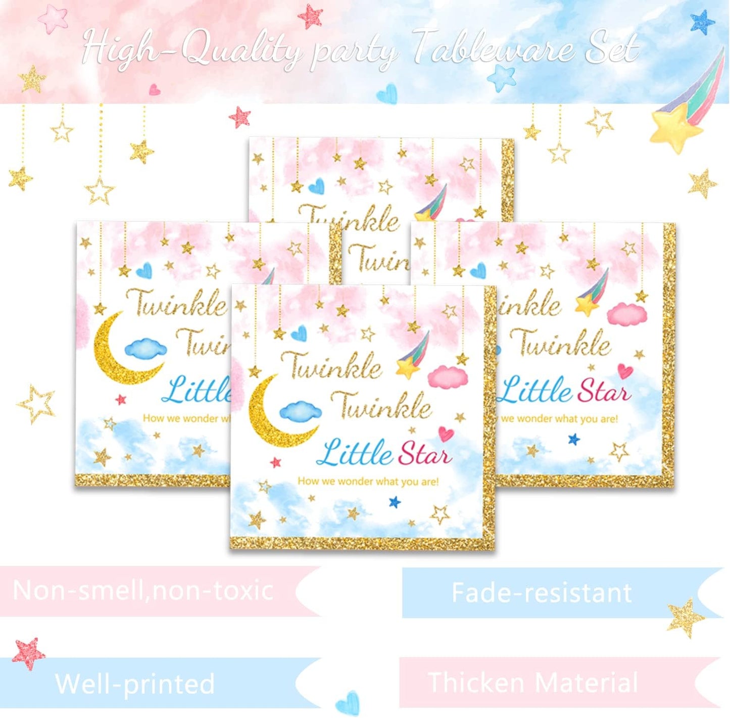 96Pcs Twinkle Twinkle Little Star Gender Reveal Party Supplies Tableware Set little Star Baby Shower Plates Napkins Forks Dinnerware for Baby Shower Decorations Girls or Boys Theme Party, 24 Guests