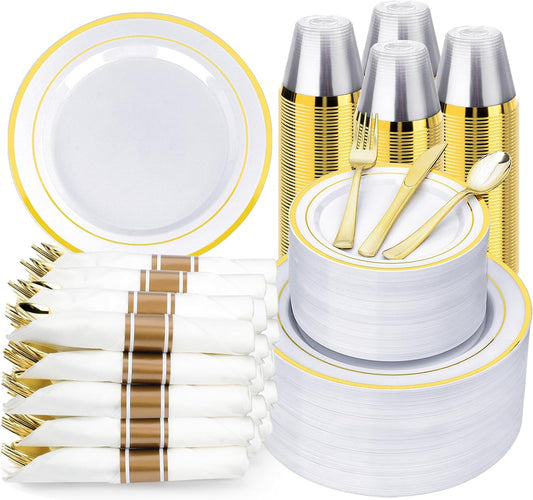 BESTVIP 700PCS Gold Plastic Dinnerware Set for 100 Guests, Disposable Plates for Party, Include: 200 Plastic Plates, 100 Pre Rolled Napkins with Gold Silverware, 100 Cups for Christmas, Halloween