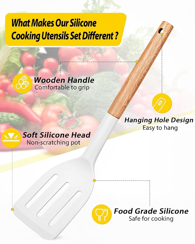 Pack of 4 Silicone Cooking Utensils Set, Non Stick Solid Spatulas and Heat Resistant Slotted Spoons with Wooden Handle, Ideal Wood Kitchen Utensils Set for Frying,Serving,Turning,Stirring (WHITE)