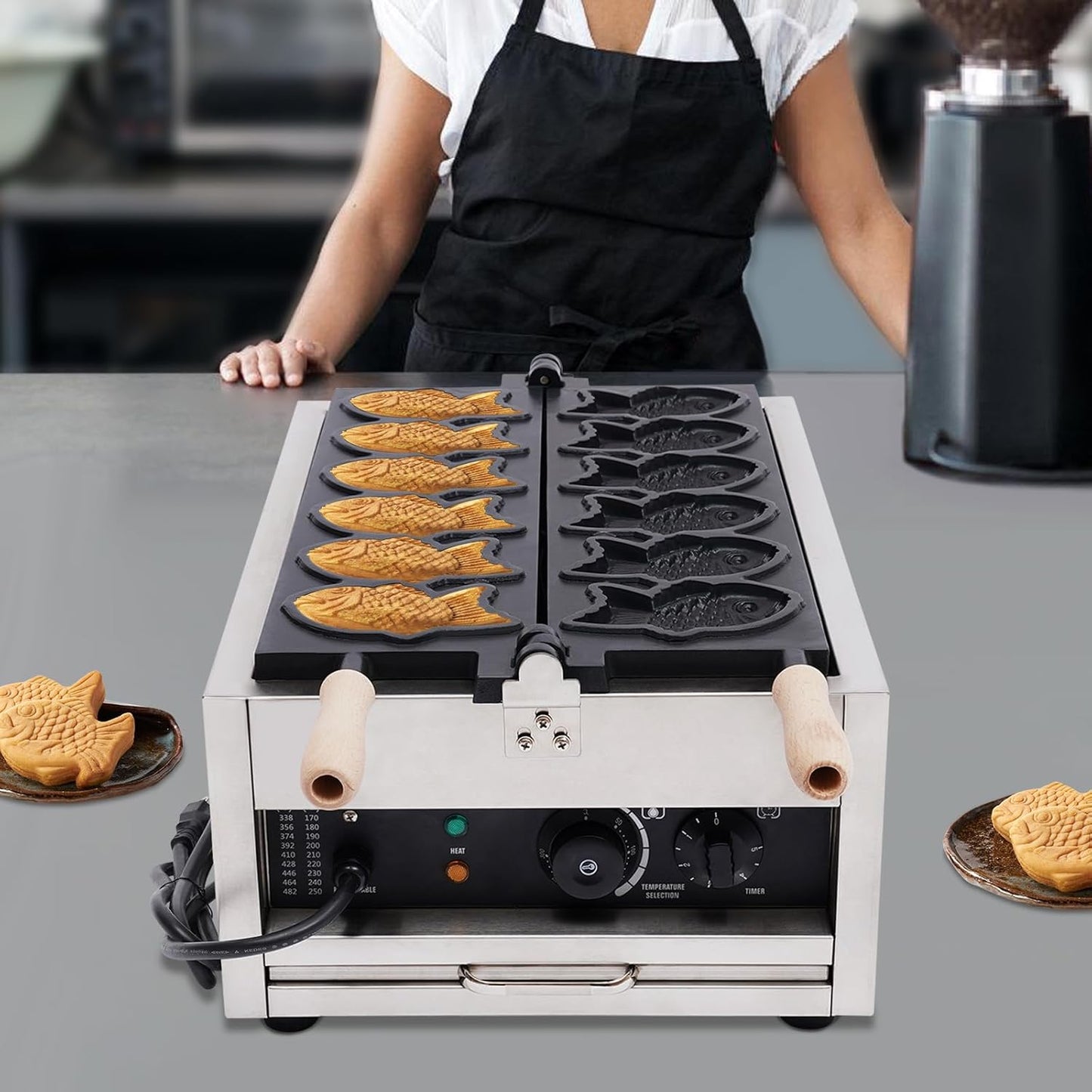 6Pcs Commercial Taiyaki Fish Waffle Maker 3000W Electric Nonstick Fish-Shaped Waffle Baker Machine for Family, Restaurants, Food Stores