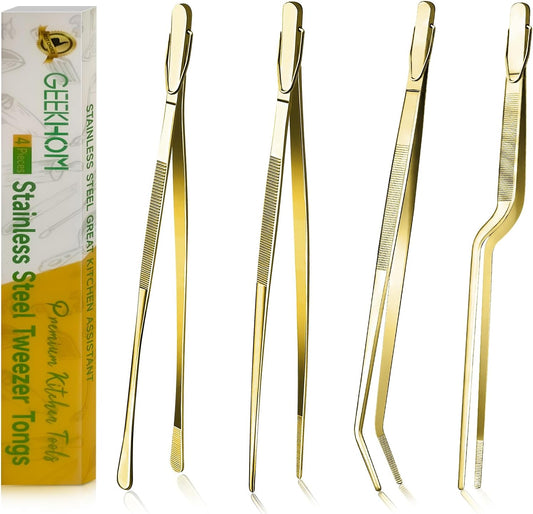 GEEKHOM 4 Pcs 12-Inch Gold Premium Tweezer Tongs, Full-Size Stainless Steel Set for Culinary, Restaurant, Buffet & Party Serving