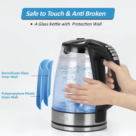 1500W Electric Kettle with Temperature Control - 6-Temp Presets for Tea/Coffee, Double Wall Cool-Touch, 4H Keep Warm, 1.7L Borosilicate Glass & BPA-Free, Fast Boil for Home/Office