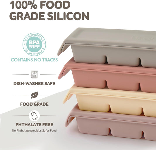 Silicone Freezer Trays with Lid,1.7oz 4 Section - Leak Proof Silicone Freezer molds for Homemade Baby Food Breastmilk,Purees, Vegetables, Baby Food Jars Ice Tray with Lid BPA Free Taupe Brown