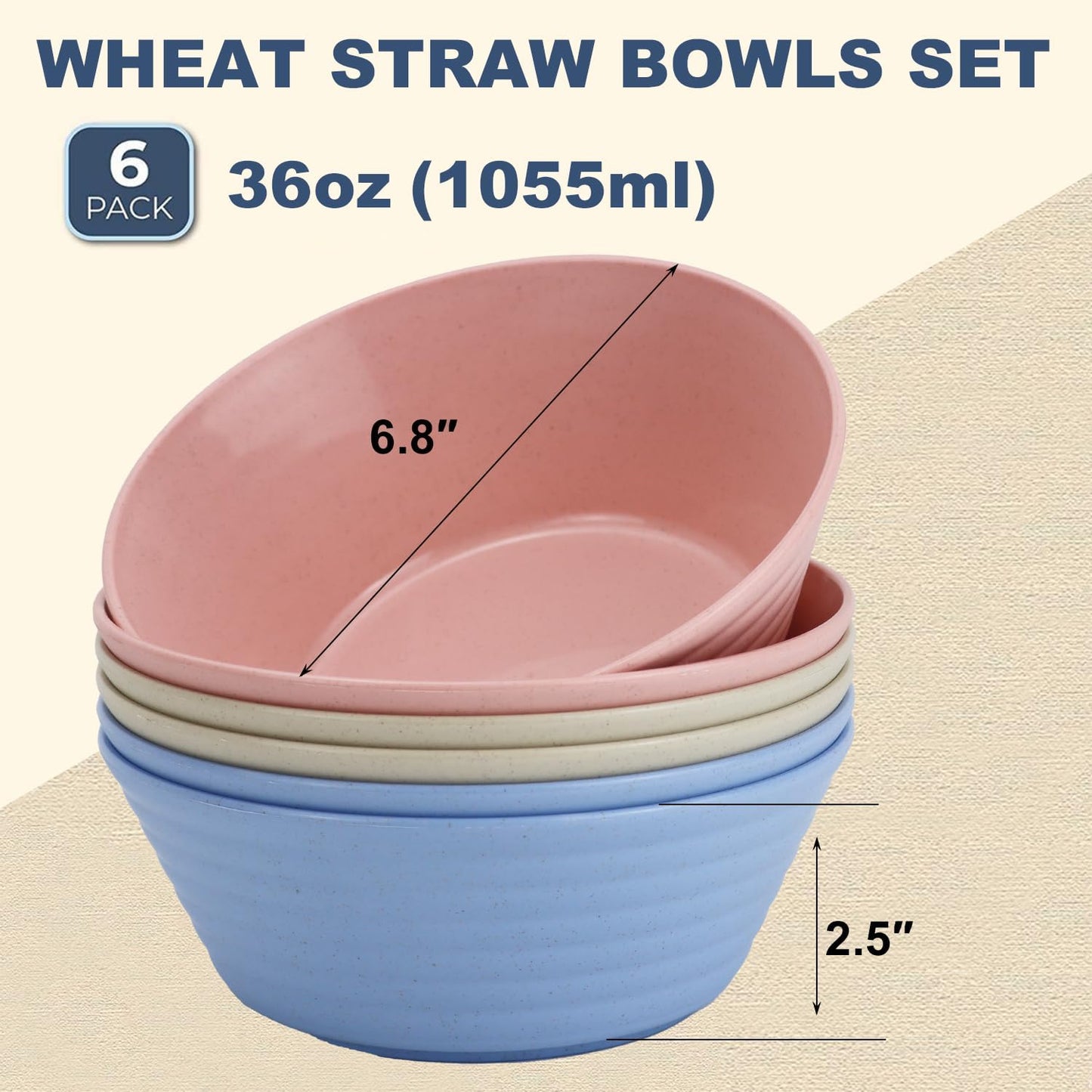 Wrova Wheat Straw Bowl Sets,6 PCS Unbreakable Cereal Bowl 36 OZ,Microwave and Dishwasher Safe Bowls,Alternative Plastic Bowls Reusable for Fruit,Oatmeal and Salad (Colorful)