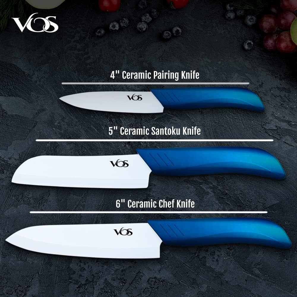 Vos Ceramic Knife Set in Elegant Gift Box, Ceramic Knives Set For Kitchen, Ultra Sharp Kitchen Knife Set with Covers, 4" 5" 6" Paring, Santoku & Chef Knife, Lightweight, Dishwasher safe (Blue Handle)