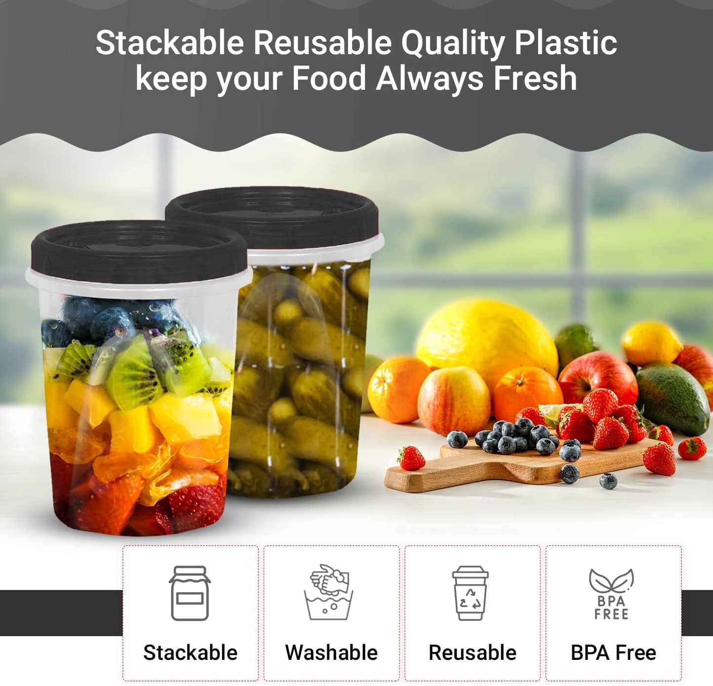 [Black - 12 Pk] Airtight Deli Containers with Lids Twist Lock Top Clear Food Storage for Meal Prep Snacks and Leftovers Freezer and Microwave Safe Stackable Leak-Resistant and 12 Pc. Set (32 Ounce)