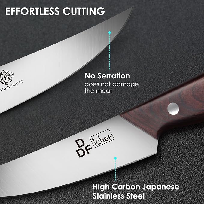 DDF iohEF Steak Knives Set of 6, Non-serrated Steak Knife 4.5 Inch High Carbon Japanese Stainless Steel Kitchen Steak Knife 6 Pieces Dinner Knives Ultra Sharp with Ergonomic Handle and Gift Box