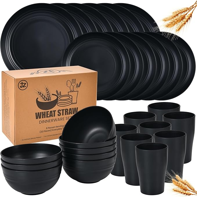 32 Piece Wheat Straw Dinnerware Set - Black Plates and Bowls for 8, Unbreakable, Dishwasher & Microwave Safe, Reusable, Lightweight Tableware, Ideal for Camping and Everyday Use