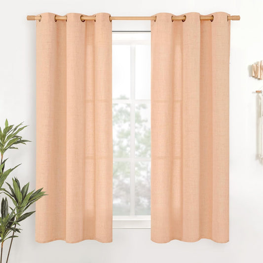 YoungsTex Peach Linen Curtains 45 Inches Long for Short Window, Semi Sheer Textured Drapes with Bronze Grommet Privacy Light Filtering for Kitchen Bedroom, 42 x 45 Inch, 2 Panels