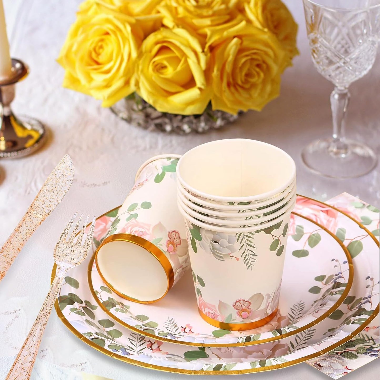 168 PCS Floral Plates and Napkins Party Supplies Serve 24 Flower Disposable Paper Dinnerware Sets for Adults Bridal Shower Decorations Baby Shower Birthday Wedding Engagement Tea