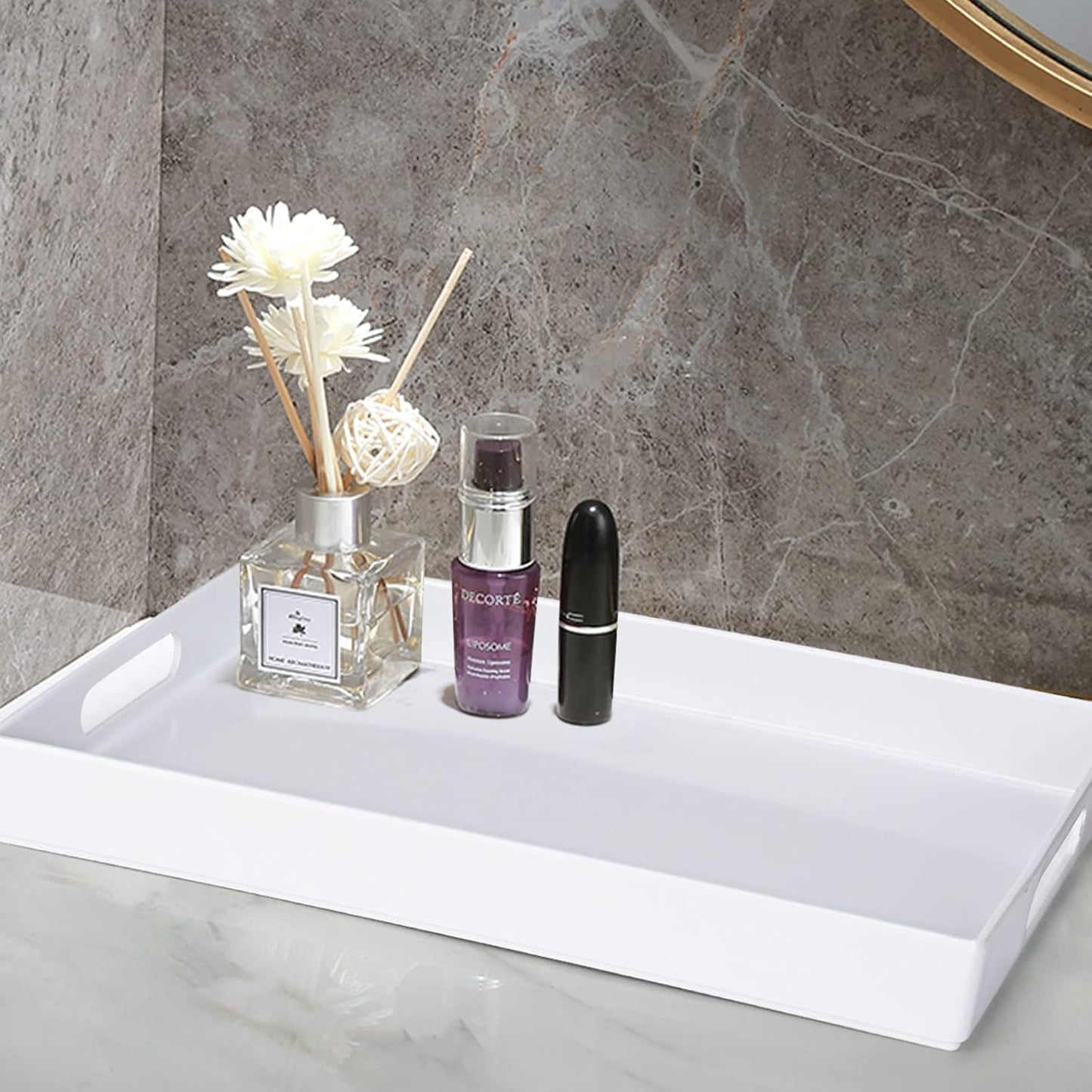 Serving Tray with Handles-10x15Inch White Melamine Modern Serving Platters,Serving Wine,Coffee,Breakfast/Kitchen Countertop Tray/Makeup Drawer Organizer/Vanity Table Tray/Decorative Tray
