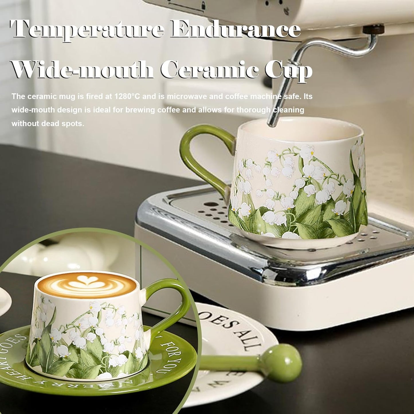 9oz Vintage Floral Pattern Coffee Mug Set, Friendship Gifts Birthday Gifts for Women, Thickened Ceramic Cup for Cappuccino, Latte, Cocoa, Dishwasher Safe and Microwave Safe Tea Cup and Saucer