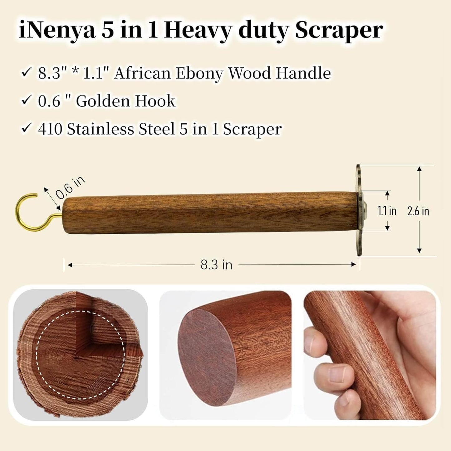 Grill Scraper for BBQ Grate and Griddle, Bristle-Free, 8.3” Wooden Handle – Safe Grill Cleaner for Outdoor Grills, Includes Round and V-Shaped Grooves – Grilling Accessories for Men