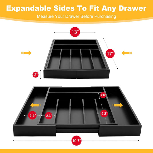 Large Premium Bamboo Silverware Organizer - Expandable Drawer Organizer & Utensil Organizer - 17"x19.7" Cutlery Tray with Dividers for Kitchen Utensils and Flatware (7-9 Slots) (Black)