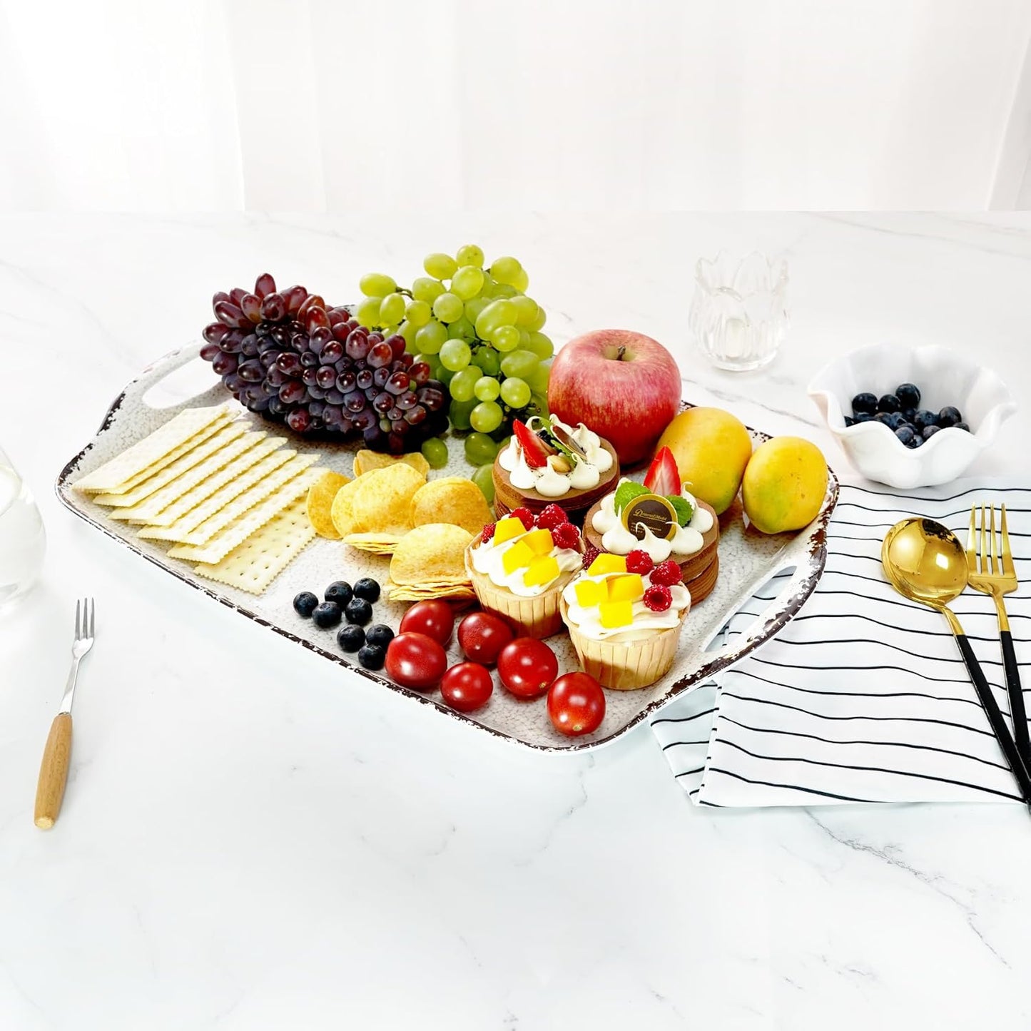 TP Serving Trays with Handles, 19 Inche Large Rectangular Melamine Serving Platter Set of 2, Rustic White