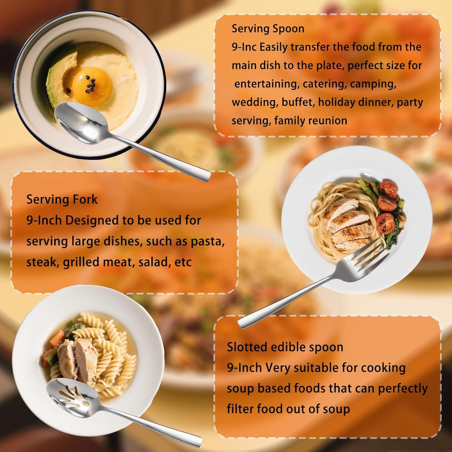 Large Hostess Serving Utensils Set, Stainless Steel Heavy Duty Serving spoons, Slotted Spoons, Serving Fork, Cake Server, Butter Knife, Dishwasher Safe (Silver)