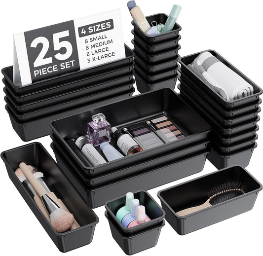 25 PCS Plastic Drawer Organizers Set, 4-Sizes Vanity and Makeup Organizer, Desk and bathroom Drawer Organizer Trays, Organizers and Storage for Makeup, Jewelry, Gadgets, Utensils (Black)