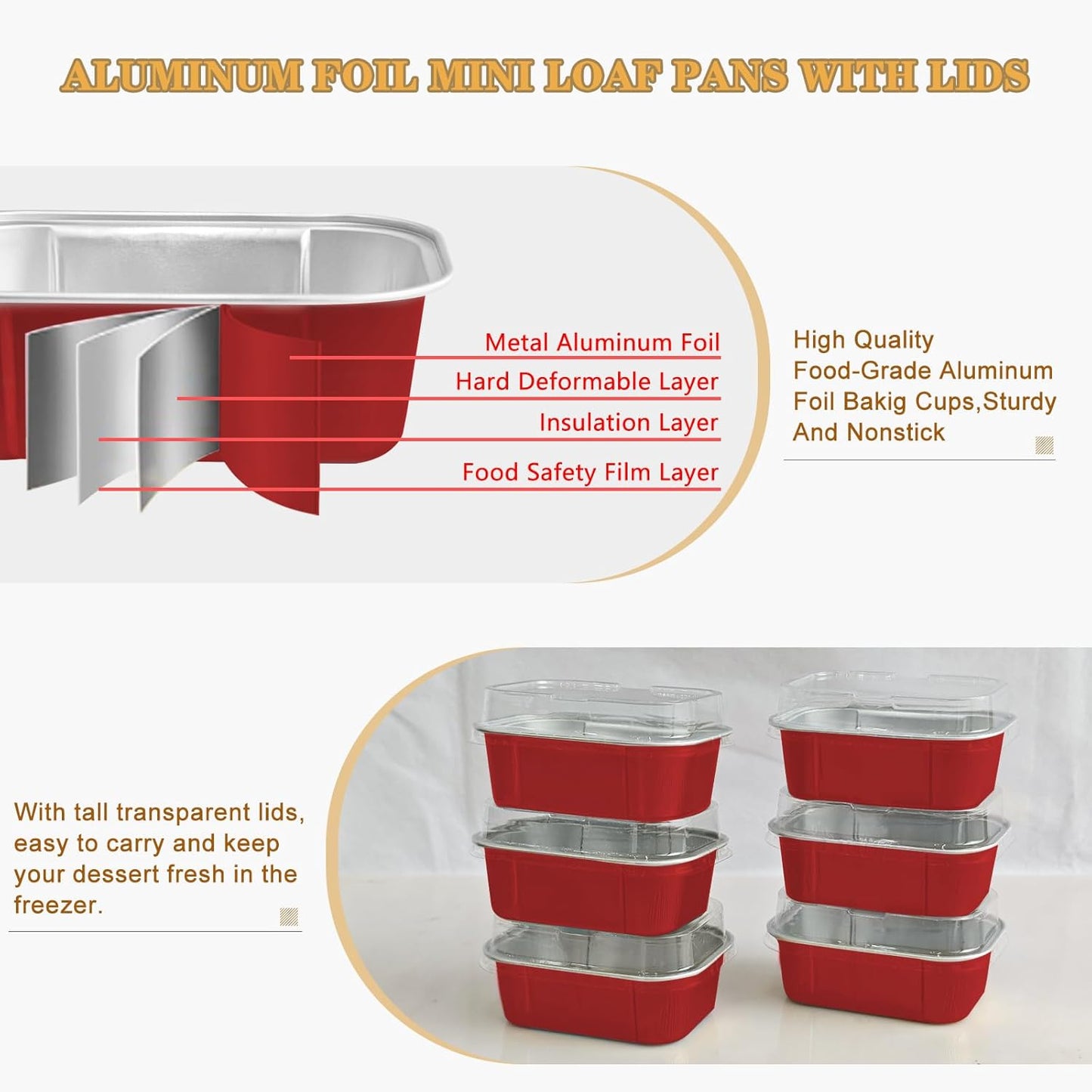 Mini Cake Pans With Lids And Spoons,5.5 oz Rectangle Mini individual Loaf Pans Disposable Aluminum Foil Small Baking Cups Tins (200, Red)