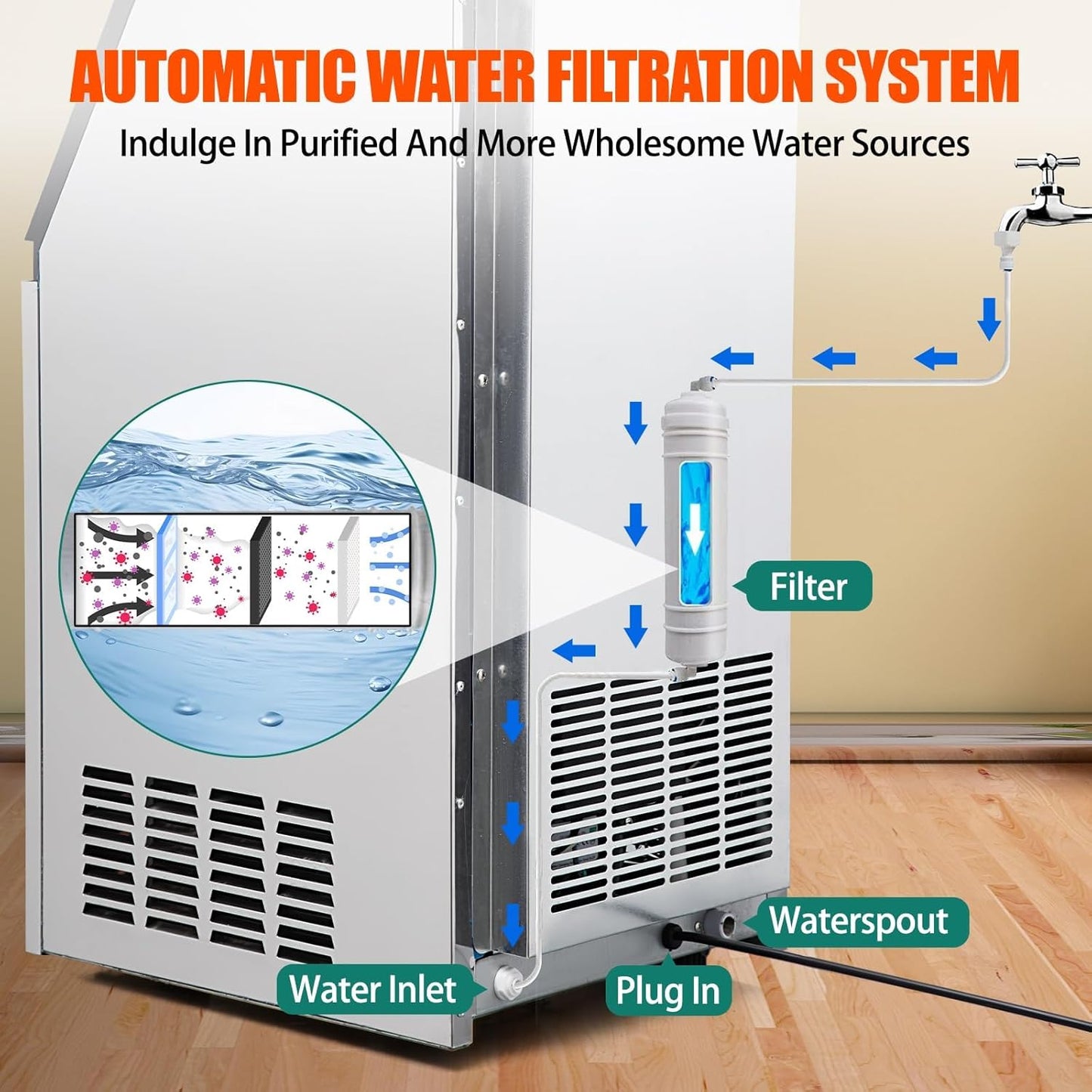 Commercial Ice Maker Machine, 120lbs/24H Stainless Steel Under Counter Ice Machine with Large Ice Storage Capacity, Freestanding Ice Maker for Restaurant, Bar, Cafes, Home Office