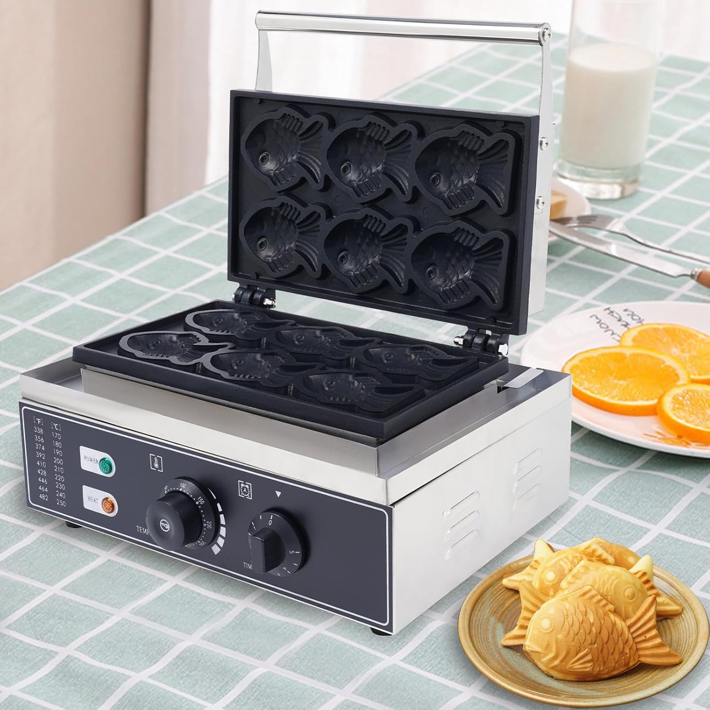 1550W Taiyaki Fish Waffle Maker, 6 Mold Mini Fish-Shaped Waffle Making Machine, Commercial Non-Stick Japanese Taiyaki Waffles Iron, 122-572℉ Adjustable for Making 6 Mini Closed-Mouth Fish waffles