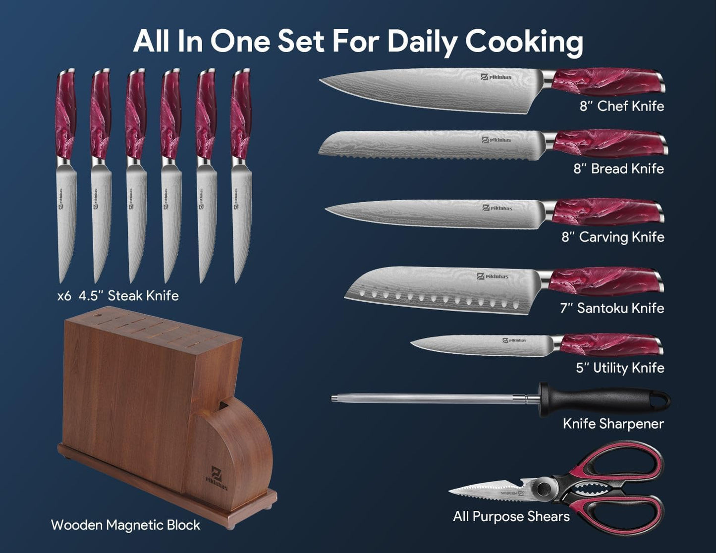 14 Pcs Knives Set for Kitchen with Magnetic Block and Sharpener, Kitchen Knives Sets Sharp High Carbon Stainless Steel Damascus Pattern with Anti-slip Ergonomic Handle Red