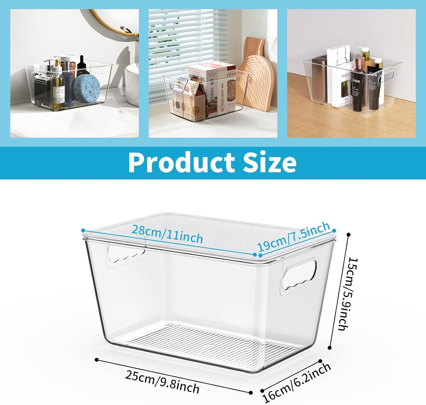 Clear Stackable Storage Bins, Pantry Organizers & Storage Containers, Cabinet Organizer, Home Organization Must Haves for Kitchen, Laundry Room, Office, Closet & Freezer (6 Pack with Lids)