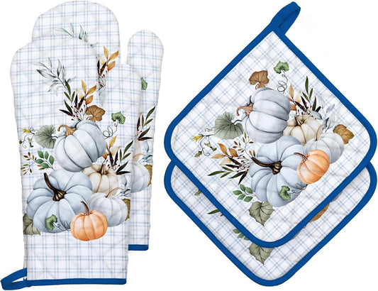 Blue Fall Pumpkin Oven Mitts and Pot Holders Sets 4Pcs, 100% Cotton Heat Resistant, Extra Long Oven Gloves Potholder for Thanksgiving Kitchen Cooking Baking Decoration