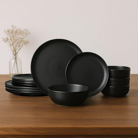 12-Piece Matte Black Dinnerware Set,Stoneware Dinnerware for 4, Microwave & Dishwasher Safe, Stackable Design for Kitchen and Dining - Plates and Bowls