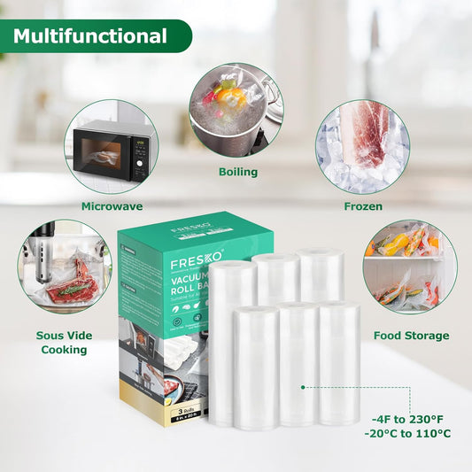 FRESKO Vacuum Sealer Bags Food Rolls 6 Packs - 8" x 20' & 11" x 20', Commercial Grade Seal a Meal Bags for Storage Food and Sous Vide, BPA Free, Customized Size for Vacuum Sealer