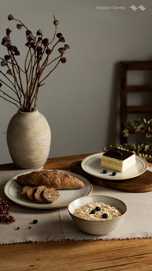 Famiware Aegean Dinnerware Set for 6, 18-Piece Plates and Bowls Sets, Stoneware Scratch Resistant Dinner Set, Handmade Irregular Round Dishes, Microwave and Dishwasher Safe, Cappuccino White