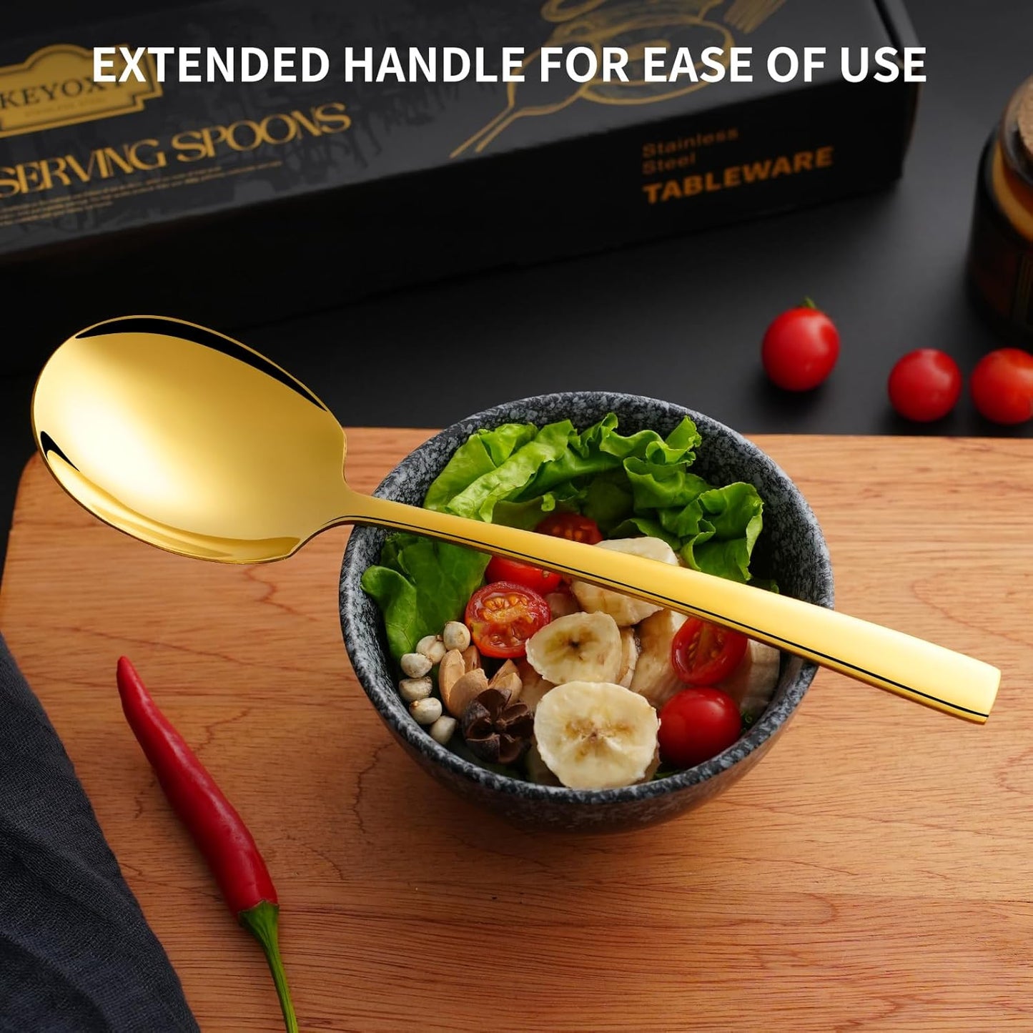 8 Piece Stainless Steel Serving Spoons Set - 8 Large Spoons, 9.2-Inch, Dishwasher Safe, for Parties/Kitchen/Buffet/Catering,Gold