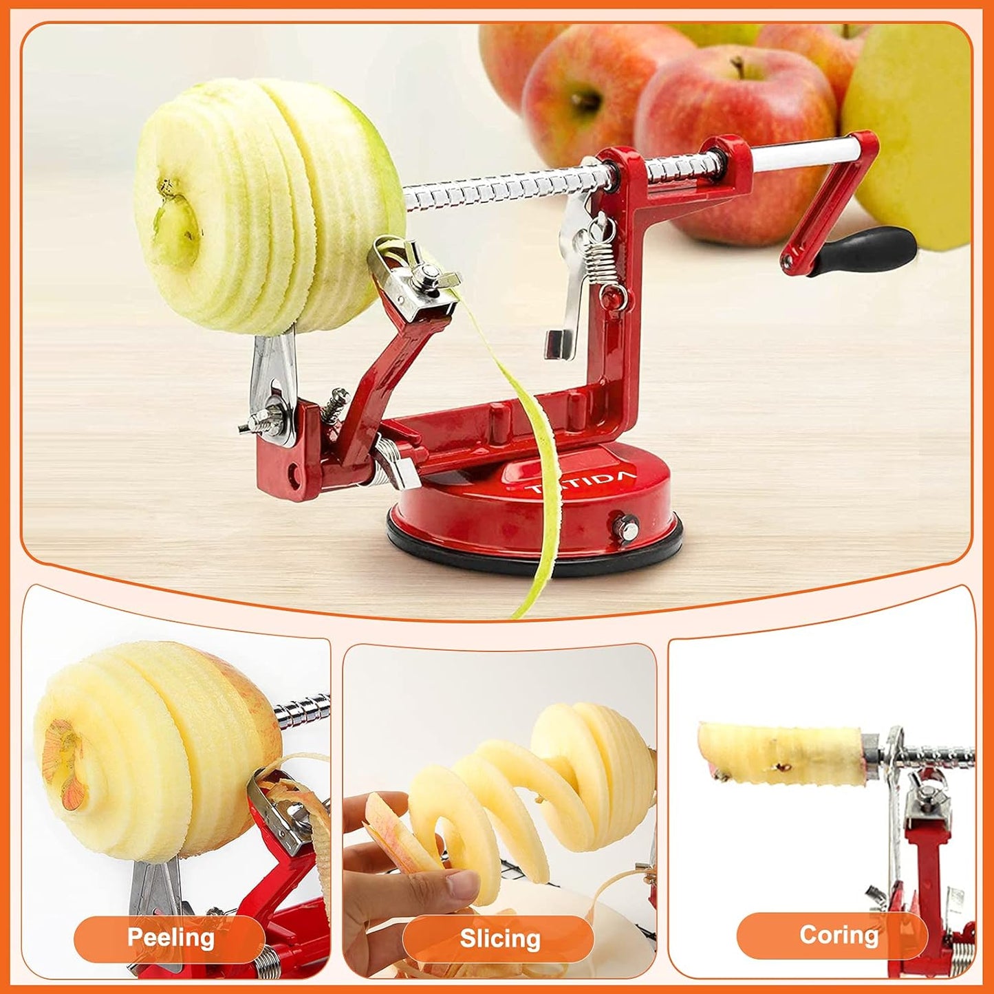 Apple Peeler Corer, Long lasting Chrome Cast Magnesium Alloy Apple Peeler Slicer Corer with Stainless Steel Blades and Powerful Suction Base for Apples and Potatoes(Red)
