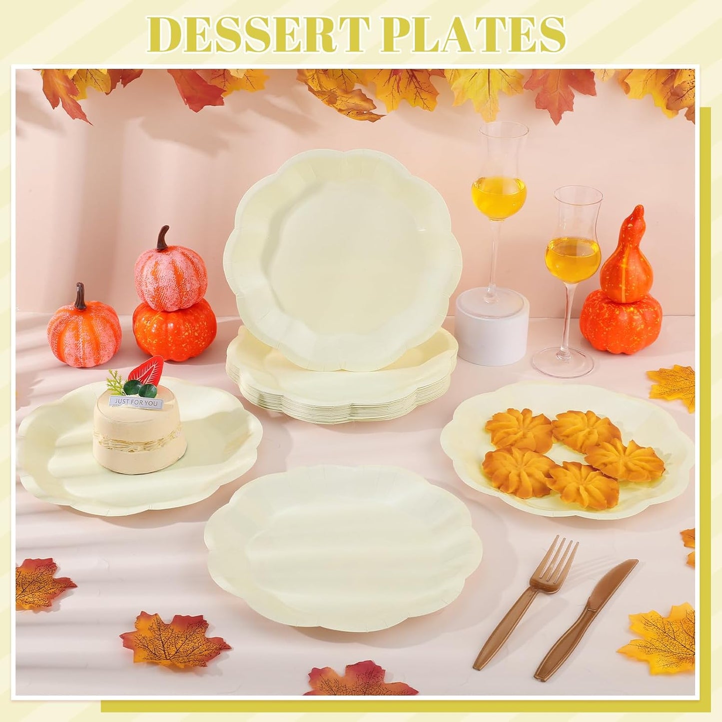 30pcs Thanksgiving Paper Plates 9 Inch Ivory Scalloped Paper Plates Disposable Cream Dinner Plate for Thanksgiving, Friendsgiving, Weeding, Birthday, Baby Shower