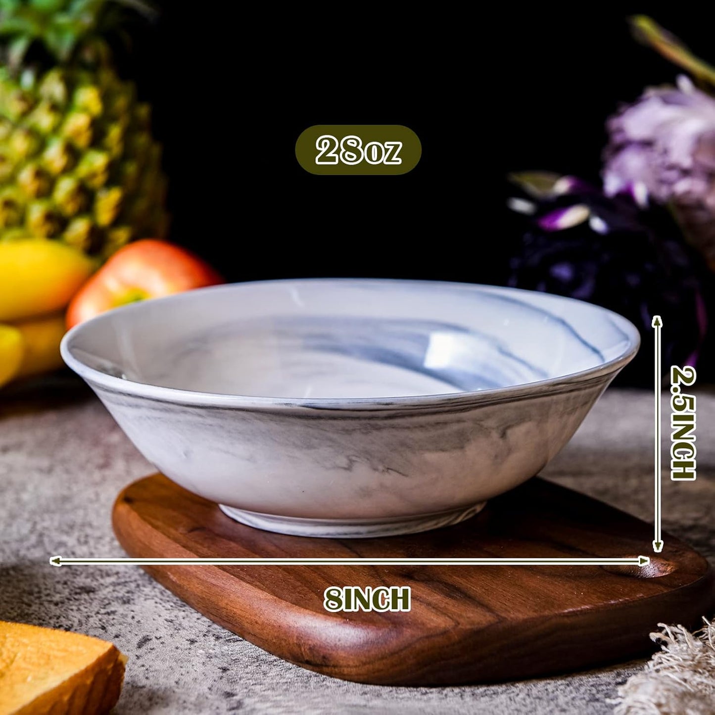 Yundu Grey Marble Ceramics Bowls Set of 6, 28 Ounce Pasta/Cereal/Salad/Soup Bowls for Kitchen, Dishwasher & Microwave Safe