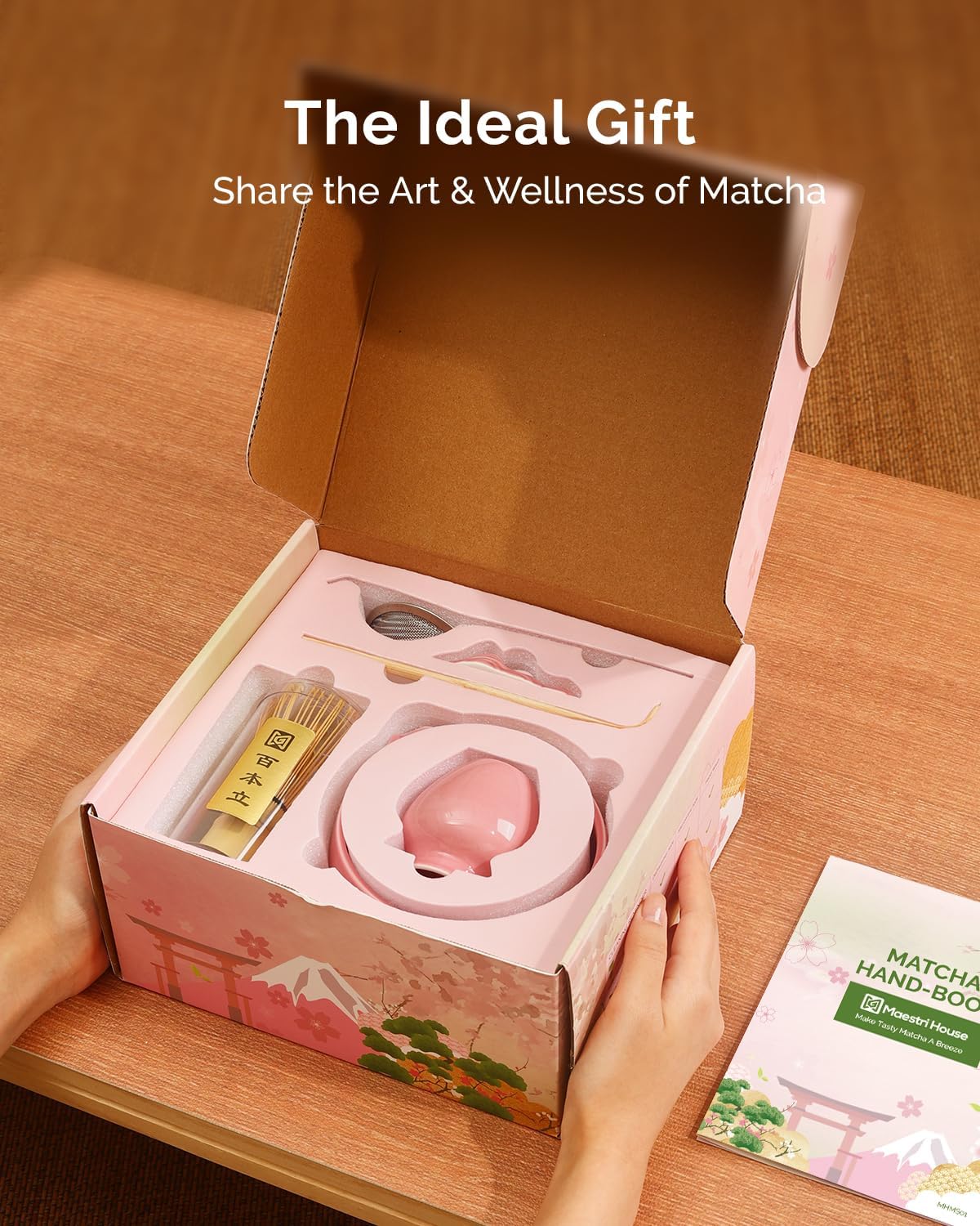 Maestri House 7 Pcs Matcha Whisk Set, Ceramic Tea Kit with Spouted Bowl, Whisk & Holder, Bamboo Scoop, Scoop Rest, Sifter & Cloth – Complete Japanese Tea Gift Set for Beginners & Tea Lovers (Pink)