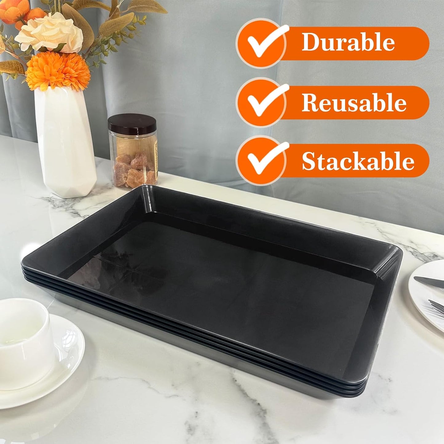 Serving Tray Platter, 4 Pcs Food Tray for Veggie Fruit Snack Dessert Cookie Cheese, Food Trays for Party Supplies Display, Plastic Platters for Serving Food, Large Trays, BPA Free