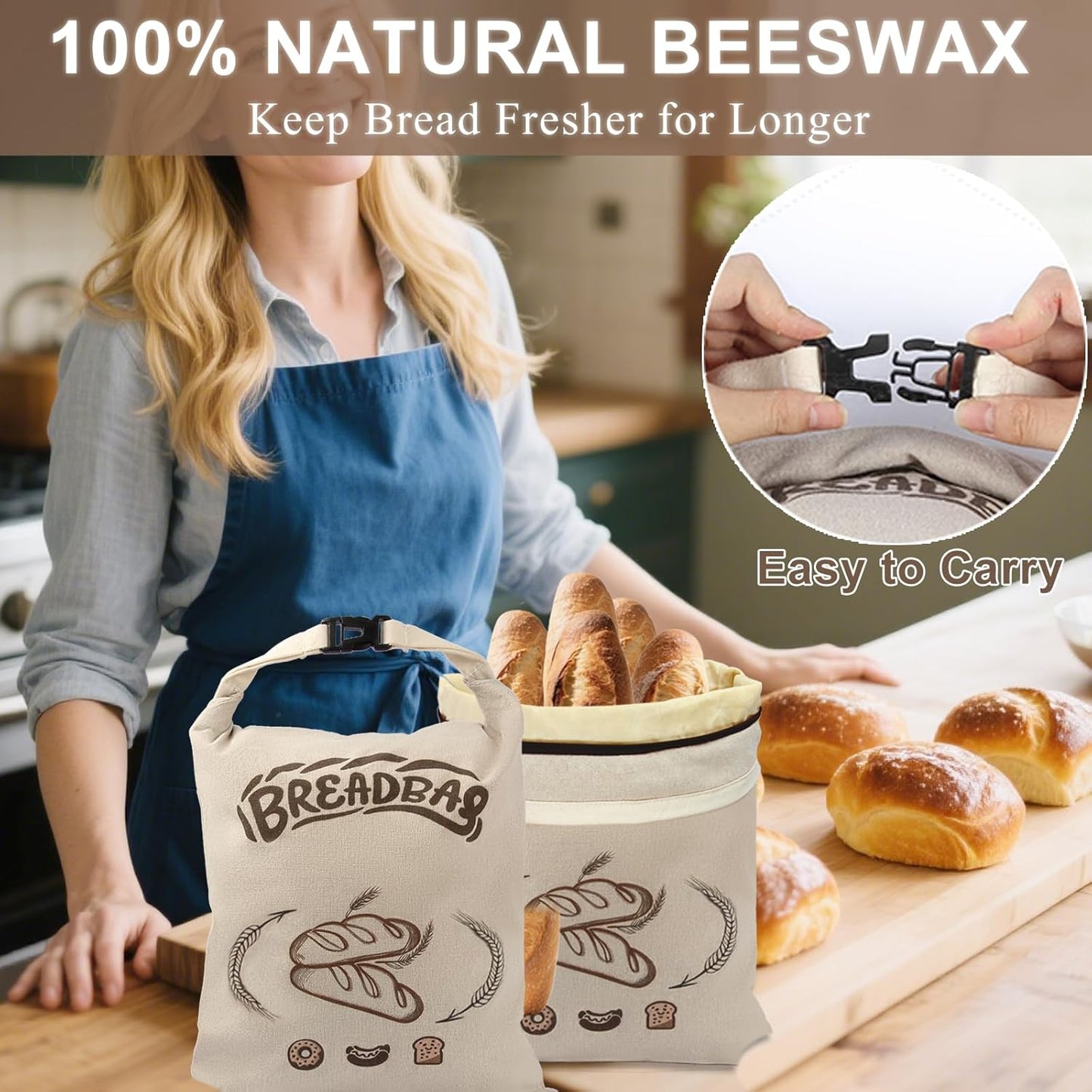 Beeswax Bread Bags for Sourdough, Large Size Sourdough Bread Bags with Beeswax to Keep Freshness Longer, Washable and Reusable Sourdough Storage Bag (2 Pack) (Beige)
