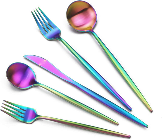 JASHII Luxury 18/10 Rainbow Flatware Set - 304 Stainless Steel Colorful Cutlery - 5-Piece Adaline Royal Modern Satin Finish for Birthday, Wedding (Matte)