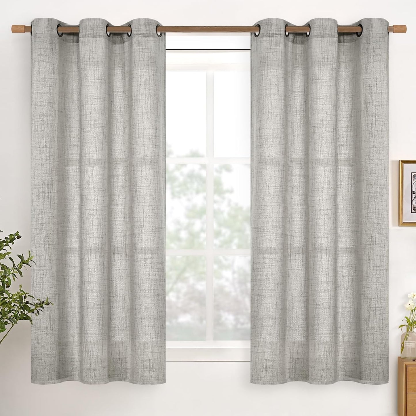 YoungsTex Dark Grey Linen Curtains 45 Inches Length for Kitchen Window, Textured Semi Sheer Drapes Light Filtering with Bronze Grommet for Bathroom Cafe Bedroom, 2 Panels, 42 X 45 Inch